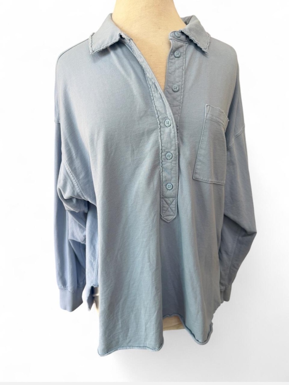 Aerie Light Blue Raw Hem Henley Long Sleeve Pullover Sweatshirt S